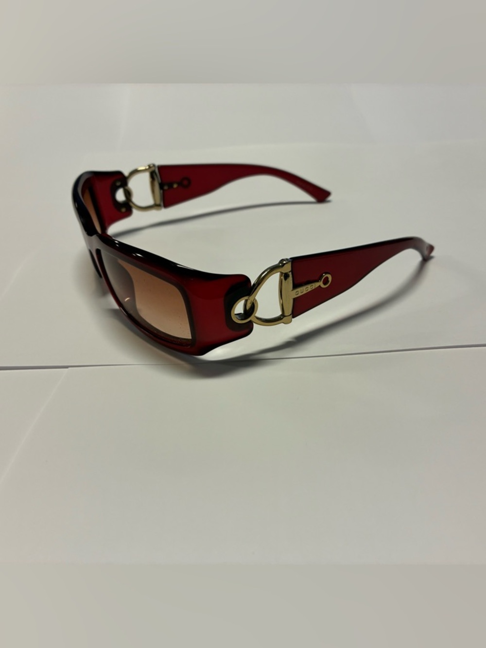 Gucci Burgundy Rectangular Sunglasses with Gold Horsebit Trim